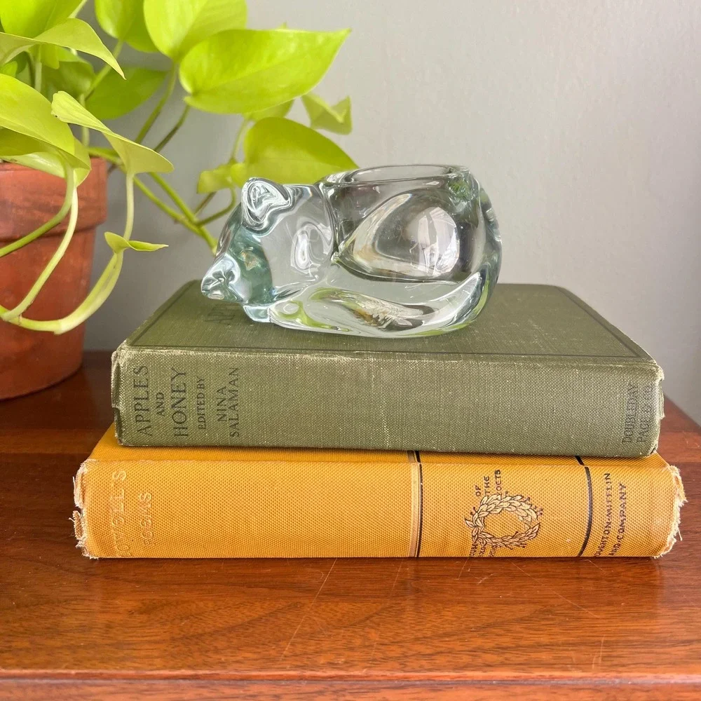 Vintage Sleeping Cat Glass Trinket Dish, Cottagecore Decor